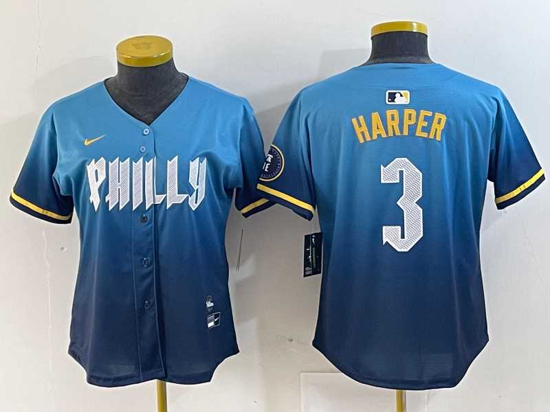 Women%27s Philadelphia Phillies #3 Bryce Harper Blue 2024 City Connect Limited Stitched Jersey